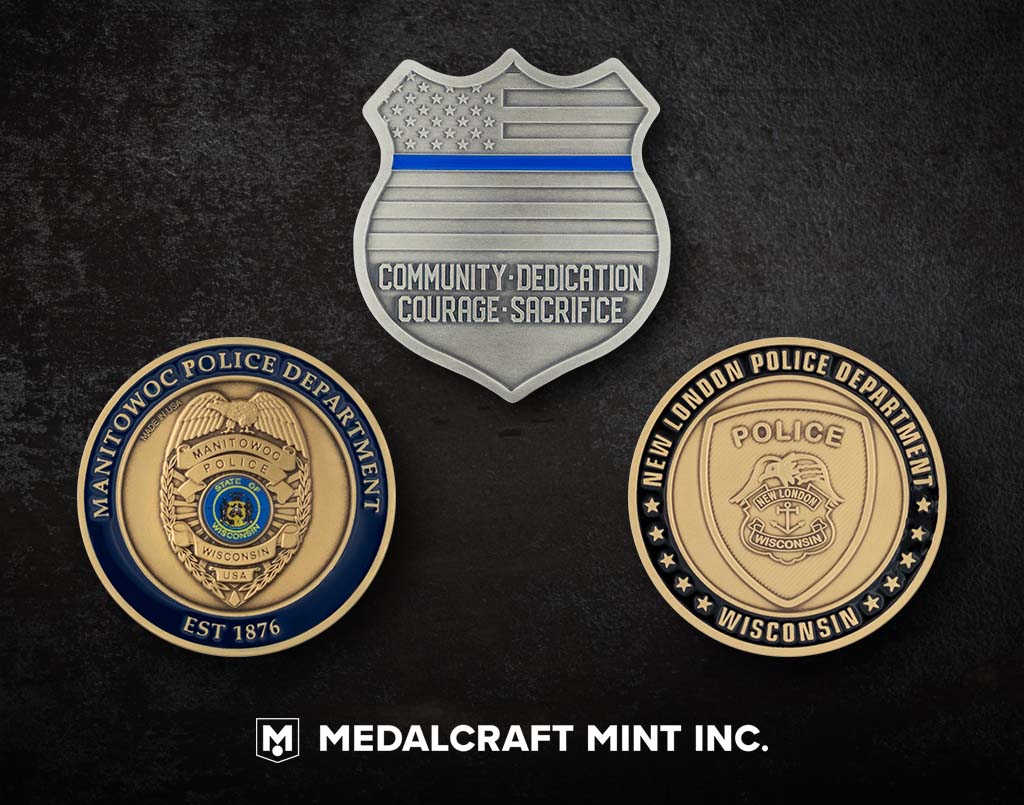Police week challenge coins. 2 shown in brass with enamel border and one custom shape in nickel silver.
